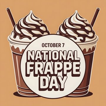 October 7 National Frappe Day Celebration Graphic with Creamy Chocolate Coffee Drinks, Whipped Toppings, Retro Typography, Warm Brown Colors, and Delicious Cafe Artwork Illustration