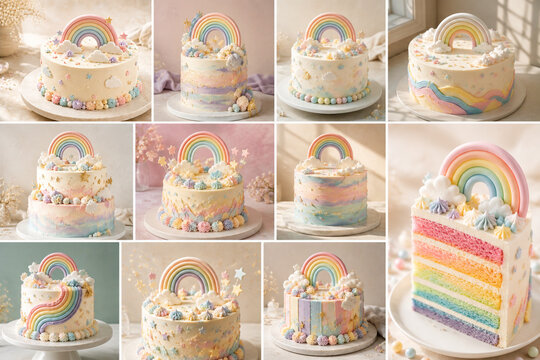 Pastel rainbow birthday cake collage grid featuring decorative cakes with fondant rainbow toppers, clouds, and colorful cake slice