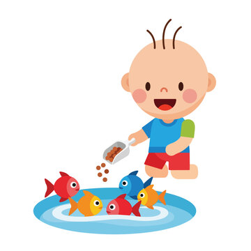 A cute cartoon baby boy kneeling and feeding colorful fish in a small pond using a scoop of fish food.
