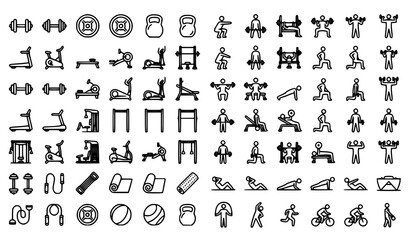 Obraz premium Gym Fitness and Bodybuilding Line Art Vector Icon Set Featuring Exercise Equipment, Weightlifting Dumbbells, Treadmills, Workout Human Figures, and Healthy Training Graphics