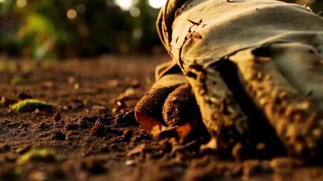 Hands in safety gloves digging into soil, uncovering dirt and fallen leaves, showcasing gardening action in a sunlit outdoor environment with blurred greenery in the background