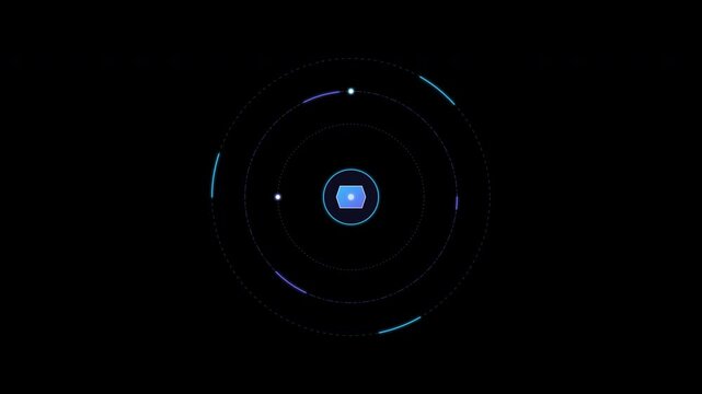 Futuristic HUD circle interface element with glowing neon blue radar rings and tech core icon on black background