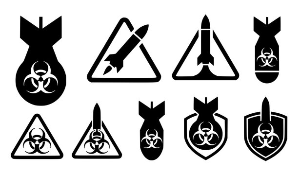 Biological Weapon and Missile Attack Warning Silhouette Icon Set with Biohazard Danger Symbols Shields and Triangles for Security and Defense Graphic Layouts