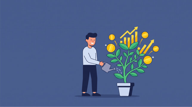 Conceptual vector illustration of a smiling businessman watering a money plant with gold coins and upward growth charts. Ideal for finance and investment campaigns.