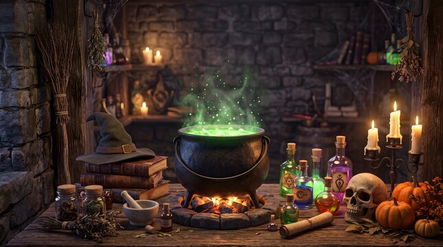 A bubbling witch s cauldron sits amidst spellbooks potions and pumpkins in a dimly lit stone walled chamber alchemy apothecary arcane autumn
