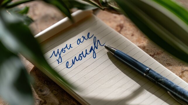 Notebook with you are enough written in script pen and plants