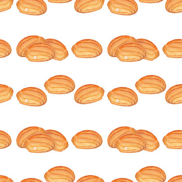 Pastries. Seamless watercolor pattern of eclairs on a white background.