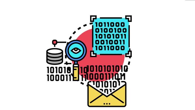 Illustration depicting an abstract concept of binary code and digital data flowing between storage, analysis, and communication elements, representing software development and computer security