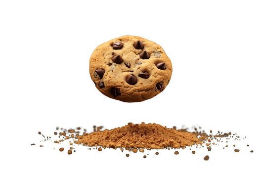Chocolate chip cookie levitating above cocoa powder
