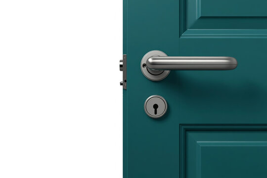 Teal door with metal handle and keyhole opening concept