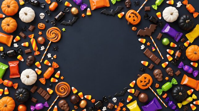 A colorful assortment of halloween candies miniature pumpkins and spooky decorations creates a festive flat lay composition autumnal caramel chocolate confection confectionery