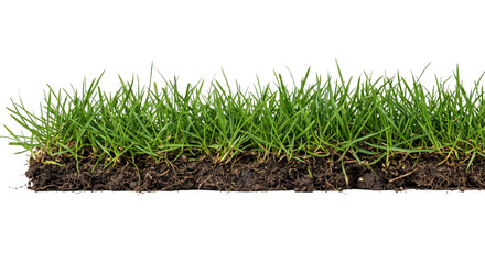 Naklejka premium Healthy green grass with visible roots and soil on a white background