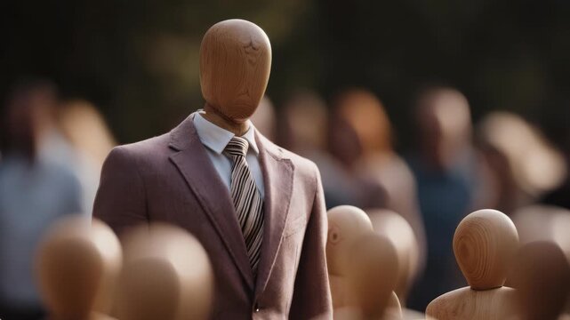 Mannequin Businessman in Suit Stands Out Among Crowd in Golden Hour Light