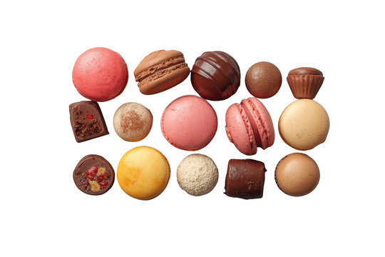 Assorted macarons and chocolate bonbons with transparent background