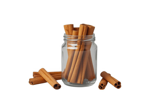 Cinnamon sticks in glass jar with transparent background