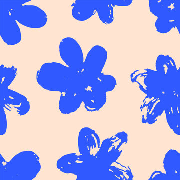 Seamless floral pattern. Abstract endless background with hand-drawn blue brush stroke daisies. Repeating texture, flowers in doodle painting style. Flat vector illustration for wallpaper design.