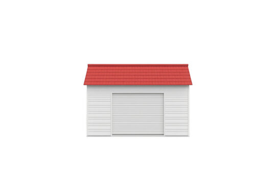 White garage or storage shed with red roof