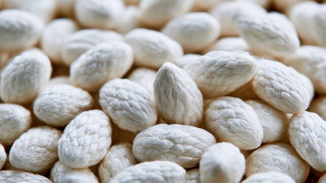 Close up of soft white silkworm cocoons on a transparent background