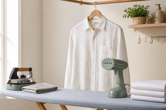 Modern clothes steamer and iron on an ironing board with a white shirt on a hanger. Household appliances concept for daily laundry care and clothing maintenance at home.
