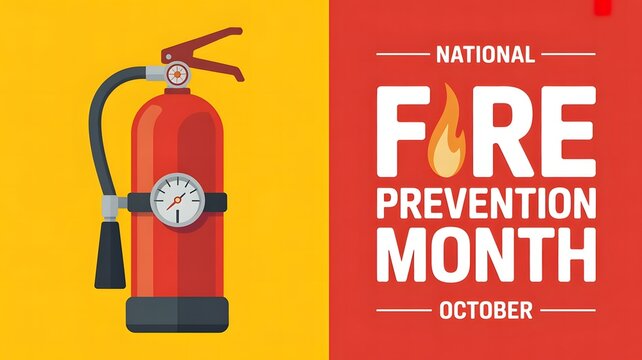 October National Fire Prevention Month poster design showcasing bright red fire extinguisher, orange backdrop, strong white typography, fire safety awareness, prevention messaging, and emergency readi