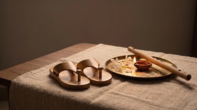 Traditional brass plate and footwear element for Krishna Janmashtami festival background visual