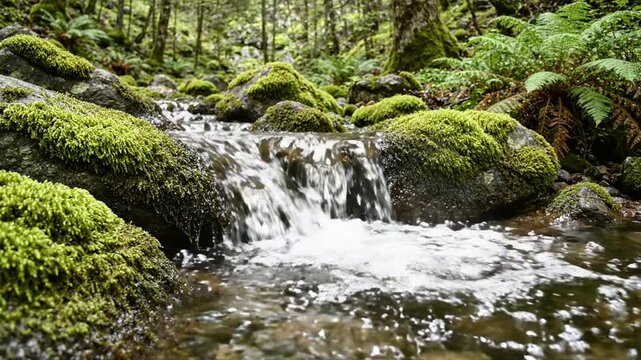 Serene forest stream flowing over mossy rocks in lush woodland environment, peaceful nature landscape for relaxation and meditation backgrounds