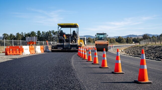 Road construction site with asphalt paver and steamroller on a new highway project.