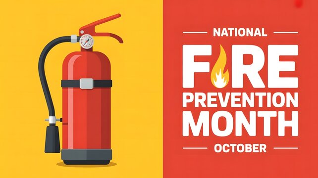 National Fire Prevention Month October awareness graphic with vibrant orange background, detailed red fire extinguisher, bold modern lettering, safety education theme, emergency preparedness, and prot