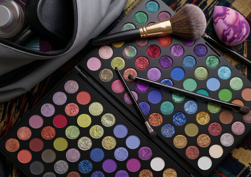 An overhead view of colorful eyeshadow palettes with makeup brushes