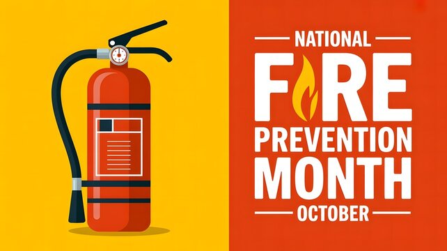 National Fire Prevention Month October poster featuring bright orange design, realistic fire extinguisher illustration, bold white typography, safety awareness message, emergency preparedness, protect