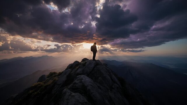 Hiker Standing on Mountain Peak at Sunset Cinematic Video Frame Composite
