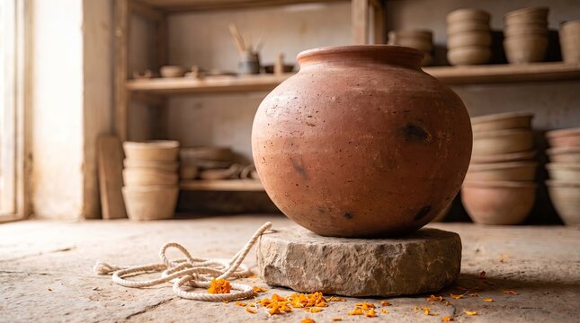 Large clay pot matki placed on stone pedestal for Krishna Janmashtami festival background