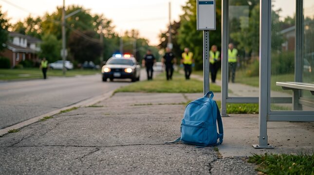 Abandoned blue backpack left at a bus stop during a police investigation.