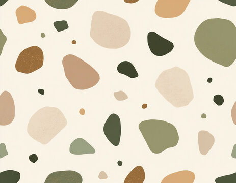 Organic Stone Pebbles Terrazzo Seamless Pattern in Neutral Earthy Green and Brown Tones