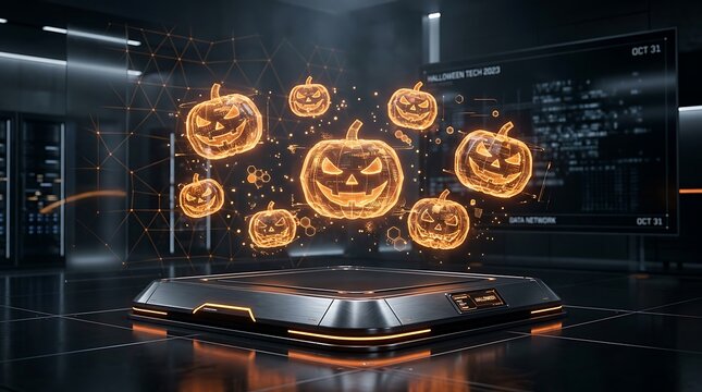 Futuristic data center server room with holographic glowing jack o lantern pumpkins floating above a metallic platform in a dark tech environment