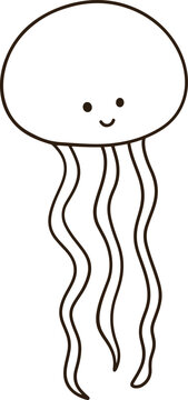 Cute jellyfish line art cartoon hand drawn minimal black outline icon for coloring book logo design