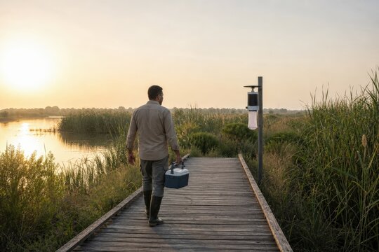 Mosquito Surveillance Program Technician Monitoring a Marsh Boardwalk