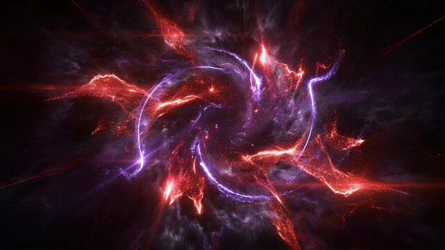 Cosmic particle streams forming a galactic vortex expanding through space depicting universal forces and celestial bodies.