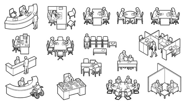 Commercial office reception and workstation isometric architectural scale figure CAD vector set
