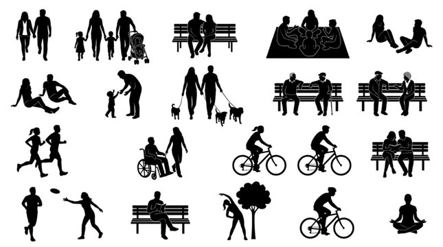 Urban park landscape architectural scale figure silhouette vector set for street elevation layout