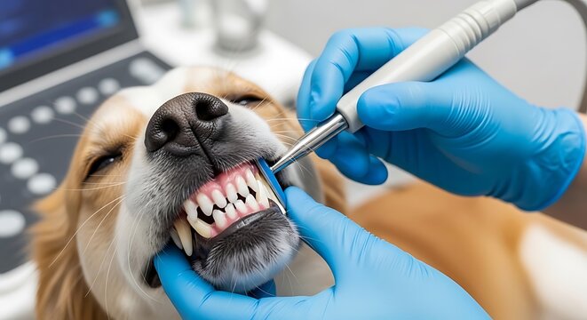 Veterinarian checking dogs teeth during examination.