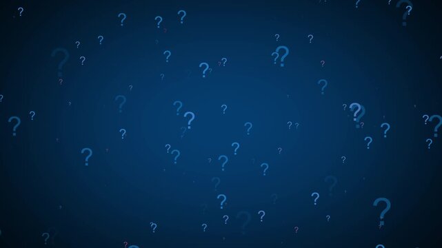 Floating question marks background, abstract blue concept of uncertainty and problem solving confusion