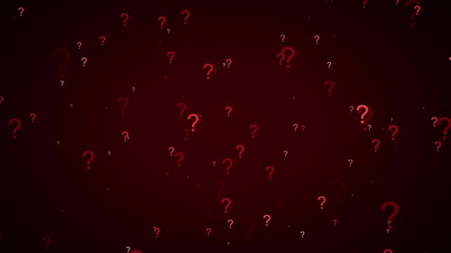 Red question mark symbols floating background, abstract concept of uncertainty and problem solving mystery