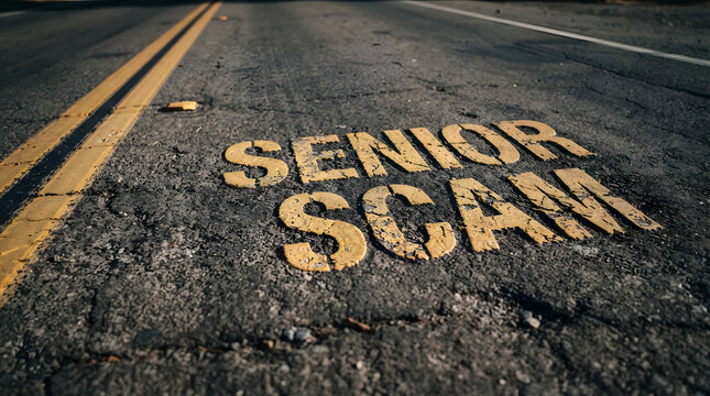 Painted senior scam warning on cracked asphalt road surface