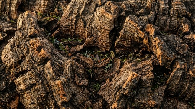 Macro shot of natural cork oak bark texture, detailed organic brown tree surface background.
