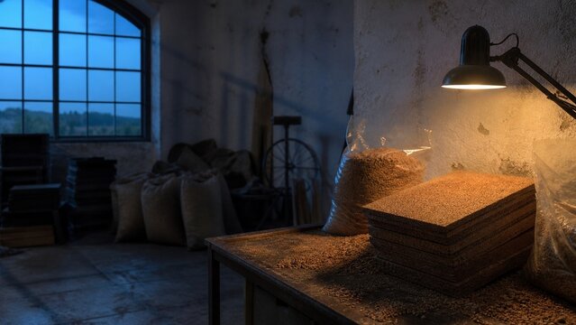 Rustic warehouse interior, burlap sacks filled with grain, warm lamp light illuminating wooden table, dark moody atmosphere, traditional storage room