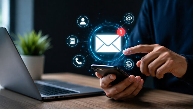 Person holding smartphone with email notification icon for digital marketing concept.