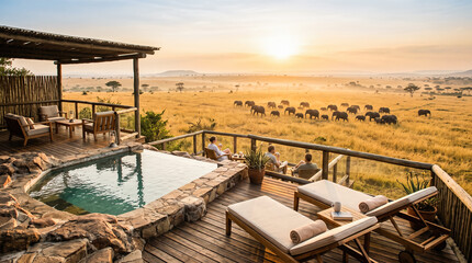 Fototapeta premium Two tourists sitting upon wooden patio deck beside small plunge pool watching massive wild elephant herd walking across dry yellow savanna grass during sunrise