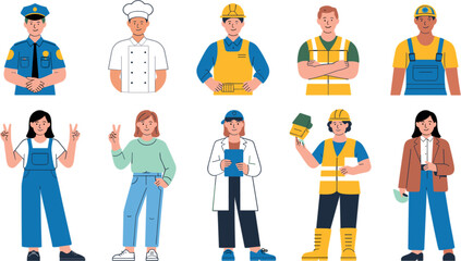 Fototapeta premium Diverse Professional Occupations and Labor Workers Character Set Including Police Officer Chef Engineer Builder and Businesswoman Vector Illustration Isolated on White Background