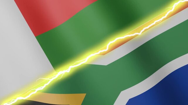 Two waving flags Madagascar and South Africa with diagonal lightning seamless, 4k loop